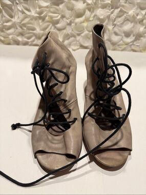 Marsell Taupe Lace-Up Open-Toe Ankle Heels with Black Laces